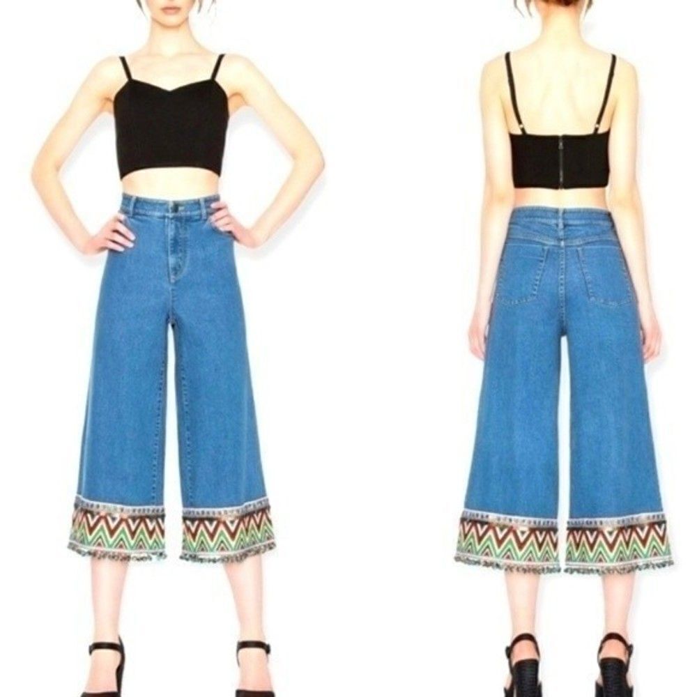 Alice + Olivia Gypsy Bohemian Wide Leg Festival Jeans - Picture 2 of 13